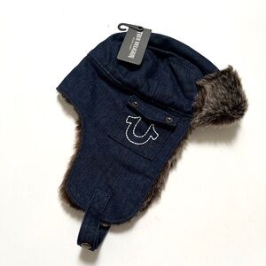 NWT TRUE RELIGION Denim Faux Fur Trapper Aviator Hat Stitched Horseshoe Pocket
